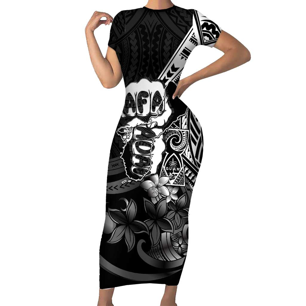 Hafa Adai Guam Discovery Day Short Sleeve Bodycon Dress Chamorro Latte Stone Hand Black Version LT14 Long Dress Black - Polynesian Pride