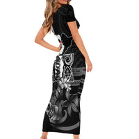 Hafa Adai Guam Discovery Day Short Sleeve Bodycon Dress Chamorro Latte Stone Hand Black Version LT14 - Polynesian Pride