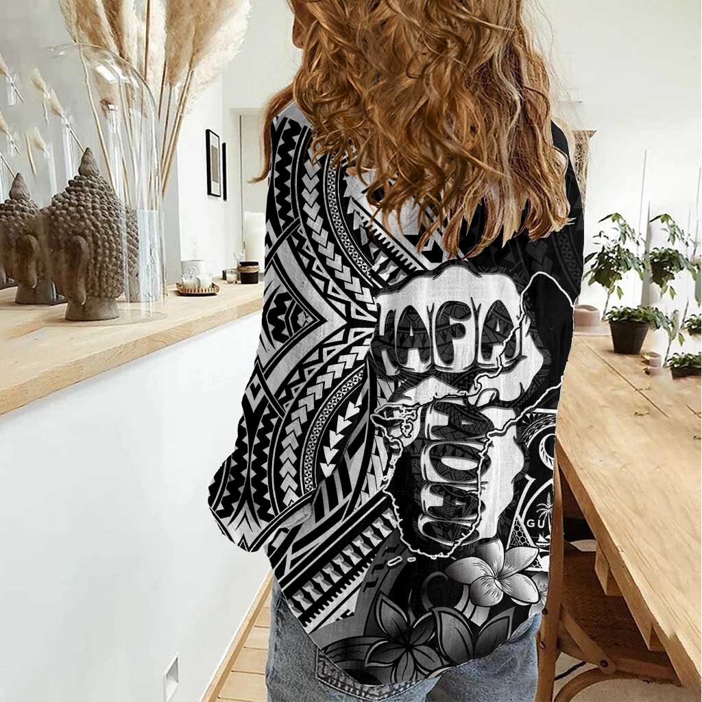 Hafa Adai Guam Discovery Day Women Casual Shirt Chamorro Latte Stone Hand Black Version