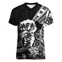 Hafa Adai Guam Discovery Day Women V-Neck T-Shirt Chamorro Latte Stone Hand Black Version