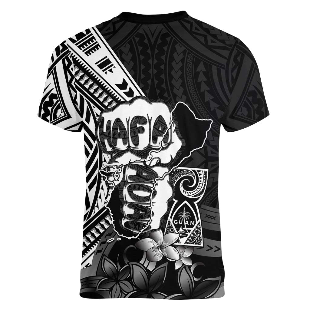Hafa Adai Guam Discovery Day Women V-Neck T-Shirt Chamorro Latte Stone Hand Black Version