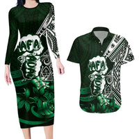 Hafa Adai Guam Discovery Day Couples Matching Long Sleeve Bodycon Dress and Hawaiian Shirt Chamorro Latte Stone Hand Green Version