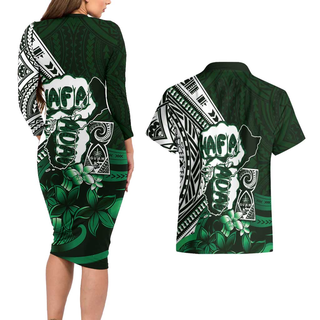 Hafa Adai Guam Discovery Day Couples Matching Long Sleeve Bodycon Dress and Hawaiian Shirt Chamorro Latte Stone Hand Green Version