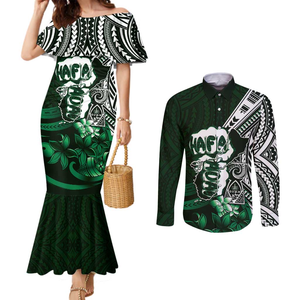 Hafa Adai Guam Discovery Day Couples Matching Mermaid Dress and Long Sleeve Button Shirt Chamorro Latte Stone Hand Green Version