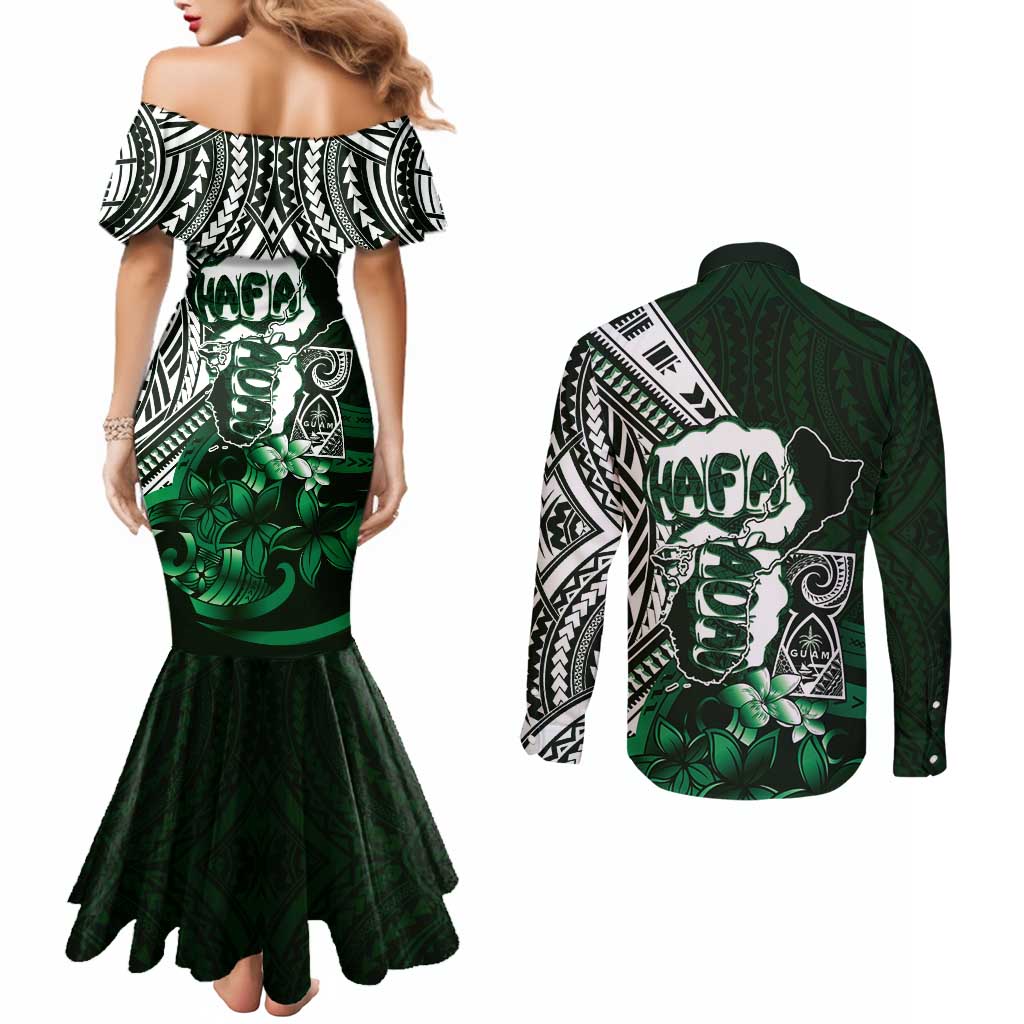 Hafa Adai Guam Discovery Day Couples Matching Mermaid Dress and Long Sleeve Button Shirt Chamorro Latte Stone Hand Green Version
