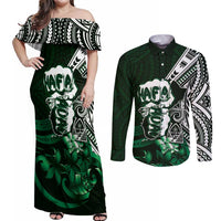 Hafa Adai Guam Discovery Day Couples Matching Off Shoulder Maxi Dress and Long Sleeve Button Shirt Chamorro Latte Stone Hand Green Version