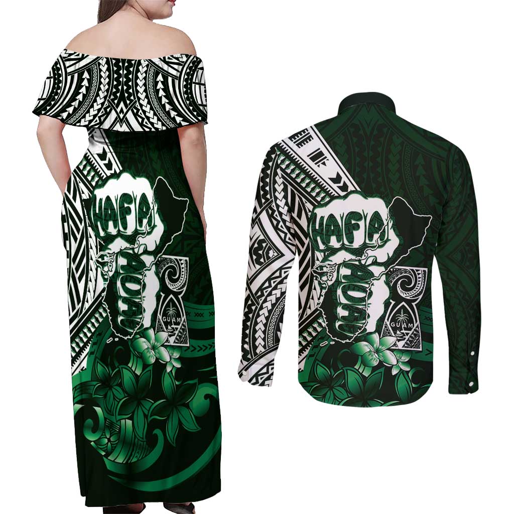 Hafa Adai Guam Discovery Day Couples Matching Off Shoulder Maxi Dress and Long Sleeve Button Shirt Chamorro Latte Stone Hand Green Version