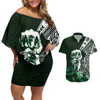 Hafa Adai Guam Discovery Day Couples Matching Off Shoulder Short Dress and Hawaiian Shirt Chamorro Latte Stone Hand Green Version
