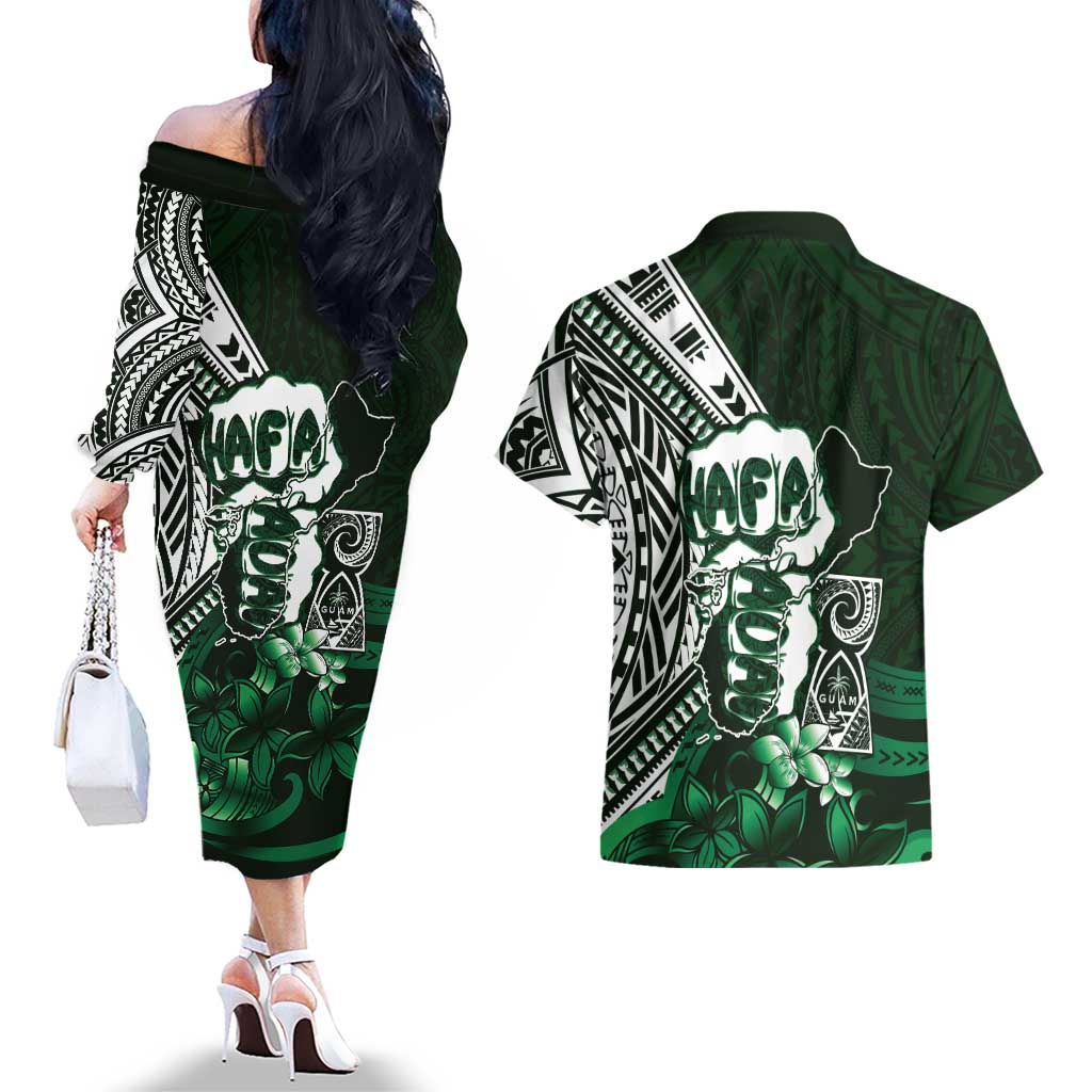 Hafa Adai Guam Discovery Day Couples Matching Off The Shoulder Long Sleeve Dress and Hawaiian Shirt Chamorro Latte Stone Hand Green Version
