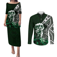 Hafa Adai Guam Discovery Day Couples Matching Puletasi and Long Sleeve Button Shirt Chamorro Latte Stone Hand Green Version