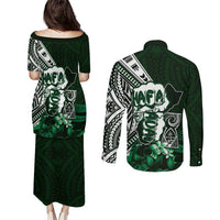 Hafa Adai Guam Discovery Day Couples Matching Puletasi and Long Sleeve Button Shirt Chamorro Latte Stone Hand Green Version