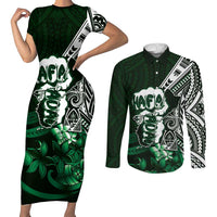 Hafa Adai Guam Discovery Day Couples Matching Short Sleeve Bodycon Dress and Long Sleeve Button Shirt Chamorro Latte Stone Hand Green Version