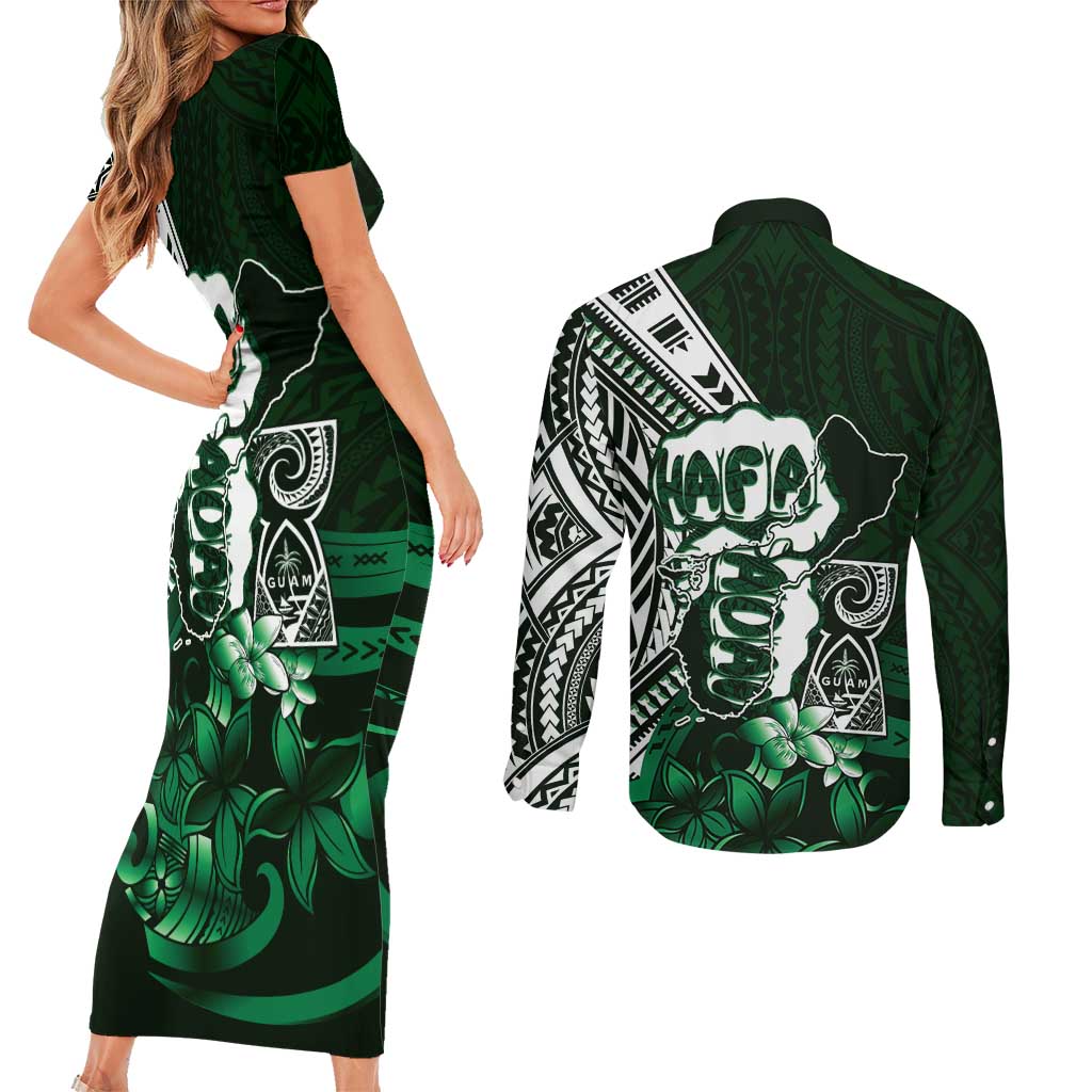 Hafa Adai Guam Discovery Day Couples Matching Short Sleeve Bodycon Dress and Long Sleeve Button Shirt Chamorro Latte Stone Hand Green Version