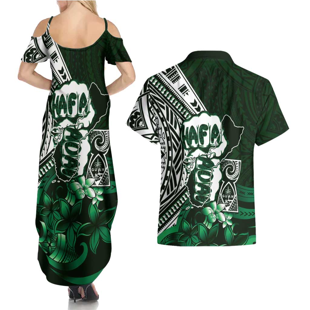 Hafa Adai Guam Discovery Day Couples Matching Summer Maxi Dress and Hawaiian Shirt Chamorro Latte Stone Hand Green Version
