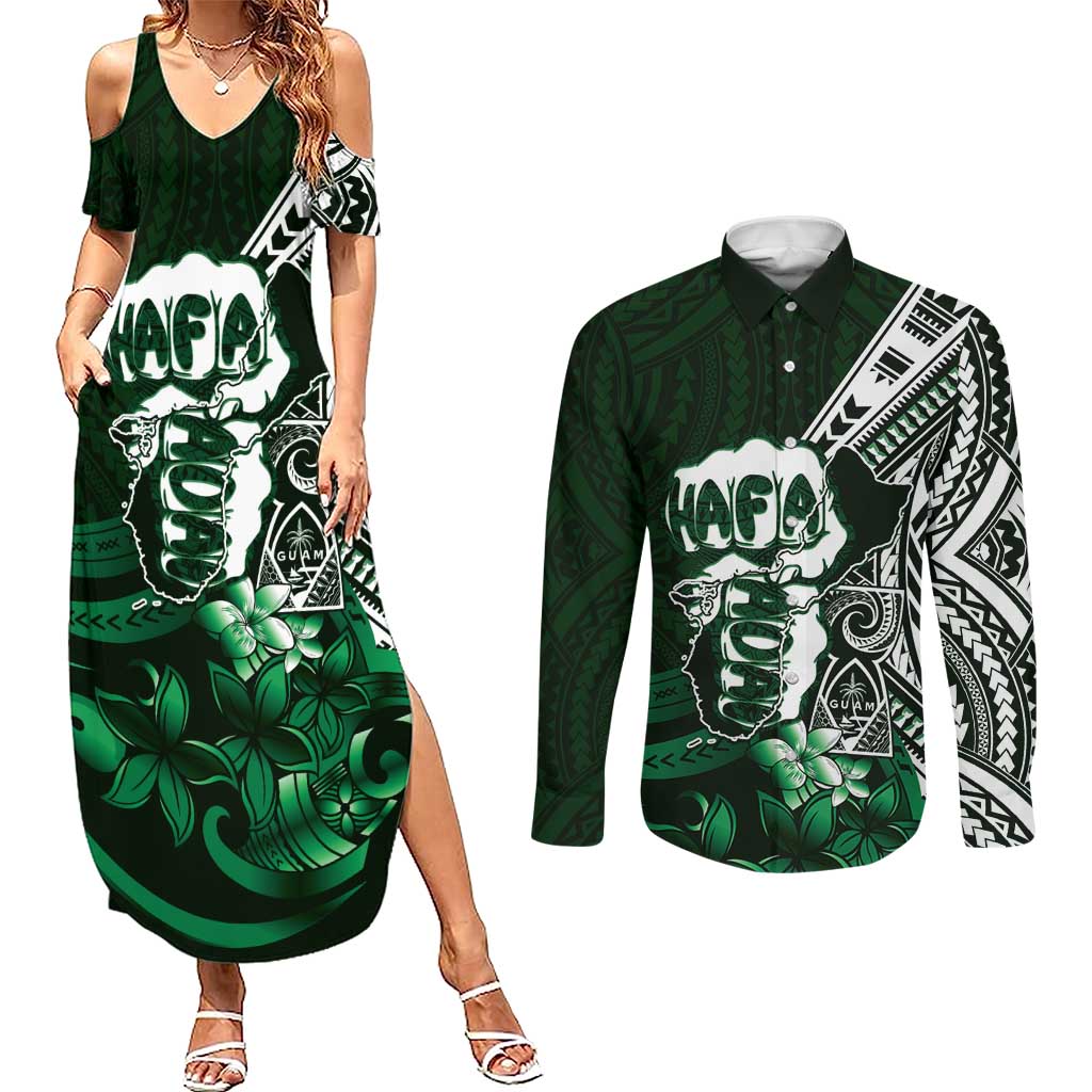 Hafa Adai Guam Discovery Day Couples Matching Summer Maxi Dress and Long Sleeve Button Shirt Chamorro Latte Stone Hand Green Version LT14 Green - Polynesian Pride