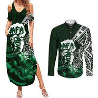 Hafa Adai Guam Discovery Day Couples Matching Summer Maxi Dress and Long Sleeve Button Shirt Chamorro Latte Stone Hand Green Version LT14 Green - Polynesian Pride