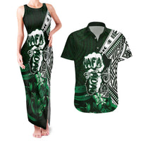Hafa Adai Guam Discovery Day Couples Matching Tank Maxi Dress and Hawaiian Shirt Chamorro Latte Stone Hand Green Version