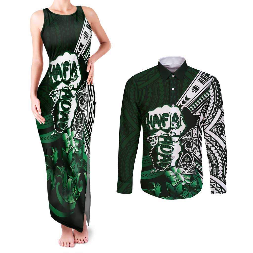 Hafa Adai Guam Discovery Day Couples Matching Tank Maxi Dress and Long Sleeve Button Shirt Chamorro Latte Stone Hand Green Version LT14 Green - Polynesian Pride