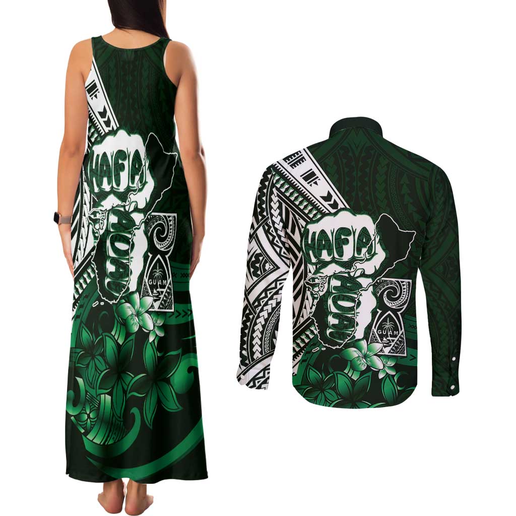 Hafa Adai Guam Discovery Day Couples Matching Tank Maxi Dress and Long Sleeve Button Shirt Chamorro Latte Stone Hand Green Version LT14 - Polynesian Pride