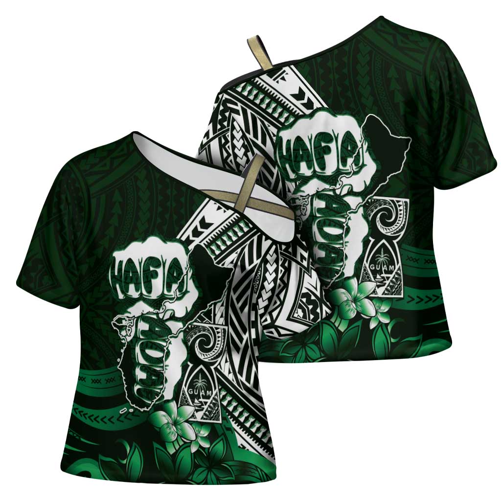 Hafa Adai Guam Discovery Day Cross Shoulder Shirt Chamorro Latte Stone Hand Green Version