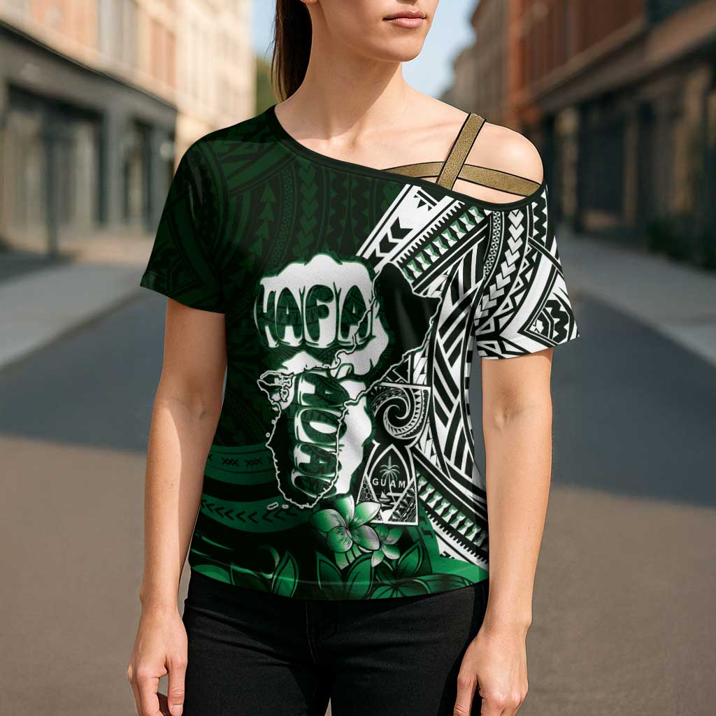 Hafa Adai Guam Discovery Day Cross Shoulder Shirt Chamorro Latte Stone Hand Green Version