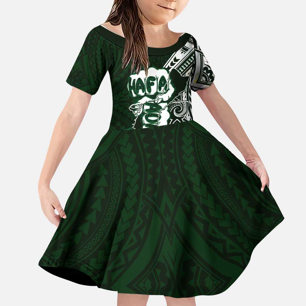 Hafa Adai Guam Discovery Day Family Matching Long Sleeve Bodycon Dress and Hawaiian Shirt Chamorro Latte Stone Hand Green Version LT14 Daughter's Dress Green - Polynesian Pride