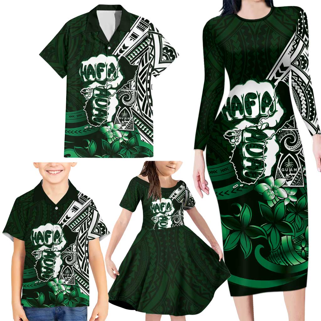 Hafa Adai Guam Discovery Day Family Matching Long Sleeve Bodycon Dress and Hawaiian Shirt Chamorro Latte Stone Hand Green Version LT14 - Polynesian Pride