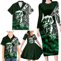 Hafa Adai Guam Discovery Day Family Matching Long Sleeve Bodycon Dress and Hawaiian Shirt Chamorro Latte Stone Hand Green Version LT14 - Polynesian Pride