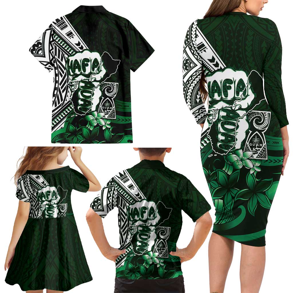 Hafa Adai Guam Discovery Day Family Matching Long Sleeve Bodycon Dress and Hawaiian Shirt Chamorro Latte Stone Hand Green Version LT14 - Polynesian Pride