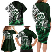 Hafa Adai Guam Discovery Day Family Matching Long Sleeve Bodycon Dress and Hawaiian Shirt Chamorro Latte Stone Hand Green Version LT14 - Polynesian Pride