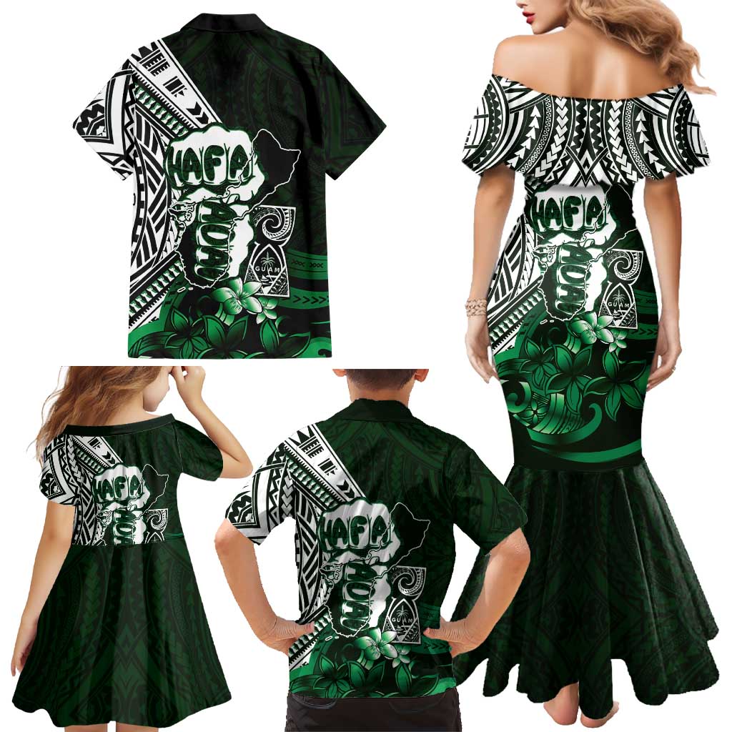 Hafa Adai Guam Discovery Day Family Matching Mermaid Dress and Hawaiian Shirt Chamorro Latte Stone Hand Green Version