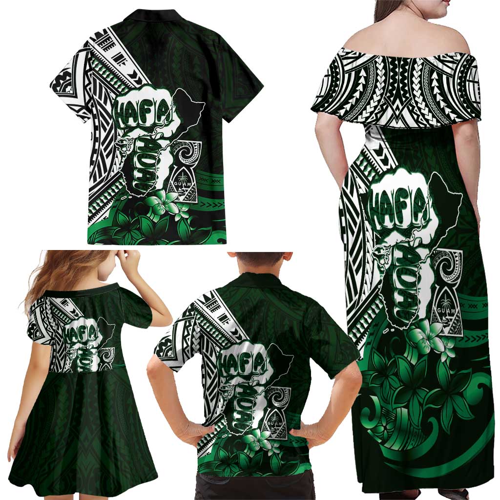 Hafa Adai Guam Discovery Day Family Matching Off Shoulder Maxi Dress and Hawaiian Shirt Chamorro Latte Stone Hand Green Version