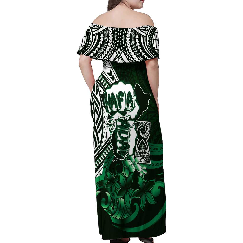 Hafa Adai Guam Discovery Day Family Matching Off Shoulder Maxi Dress and Hawaiian Shirt Chamorro Latte Stone Hand Green Version
