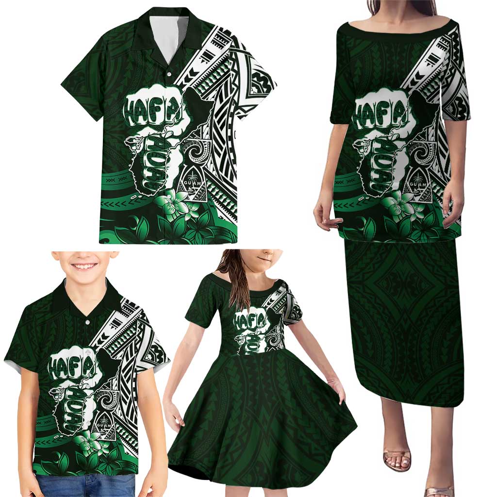 Hafa Adai Guam Discovery Day Family Matching Puletasi and Hawaiian Shirt Chamorro Latte Stone Hand Green Version