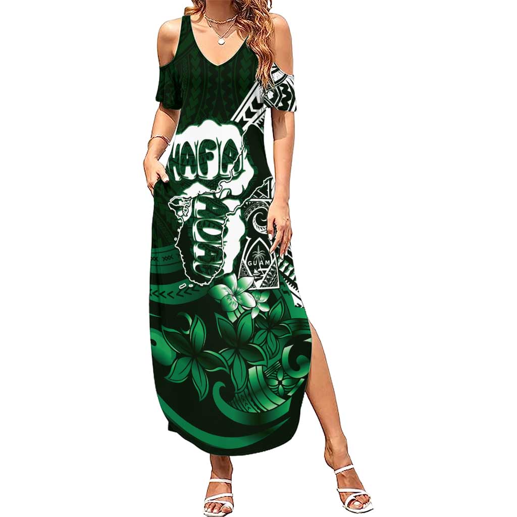 Hafa Adai Guam Discovery Day Family Matching Summer Maxi Dress and Hawaiian Shirt Chamorro Latte Stone Hand Green Version