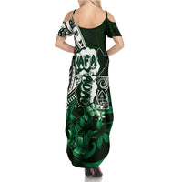 Hafa Adai Guam Discovery Day Family Matching Summer Maxi Dress and Hawaiian Shirt Chamorro Latte Stone Hand Green Version