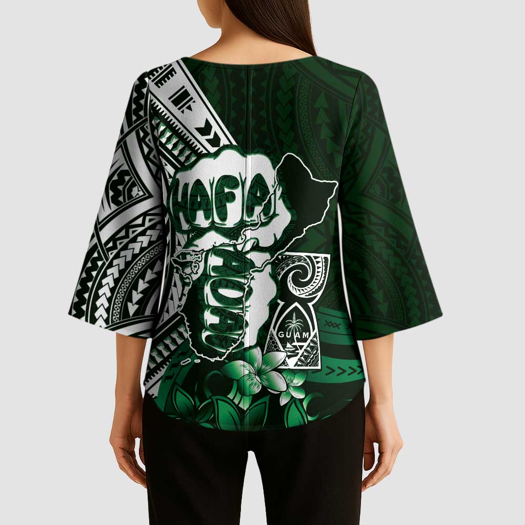 Hafa Adai Guam Discovery Day Kimono Sleeve Blouse Chamorro Latte Stone Hand Green Version