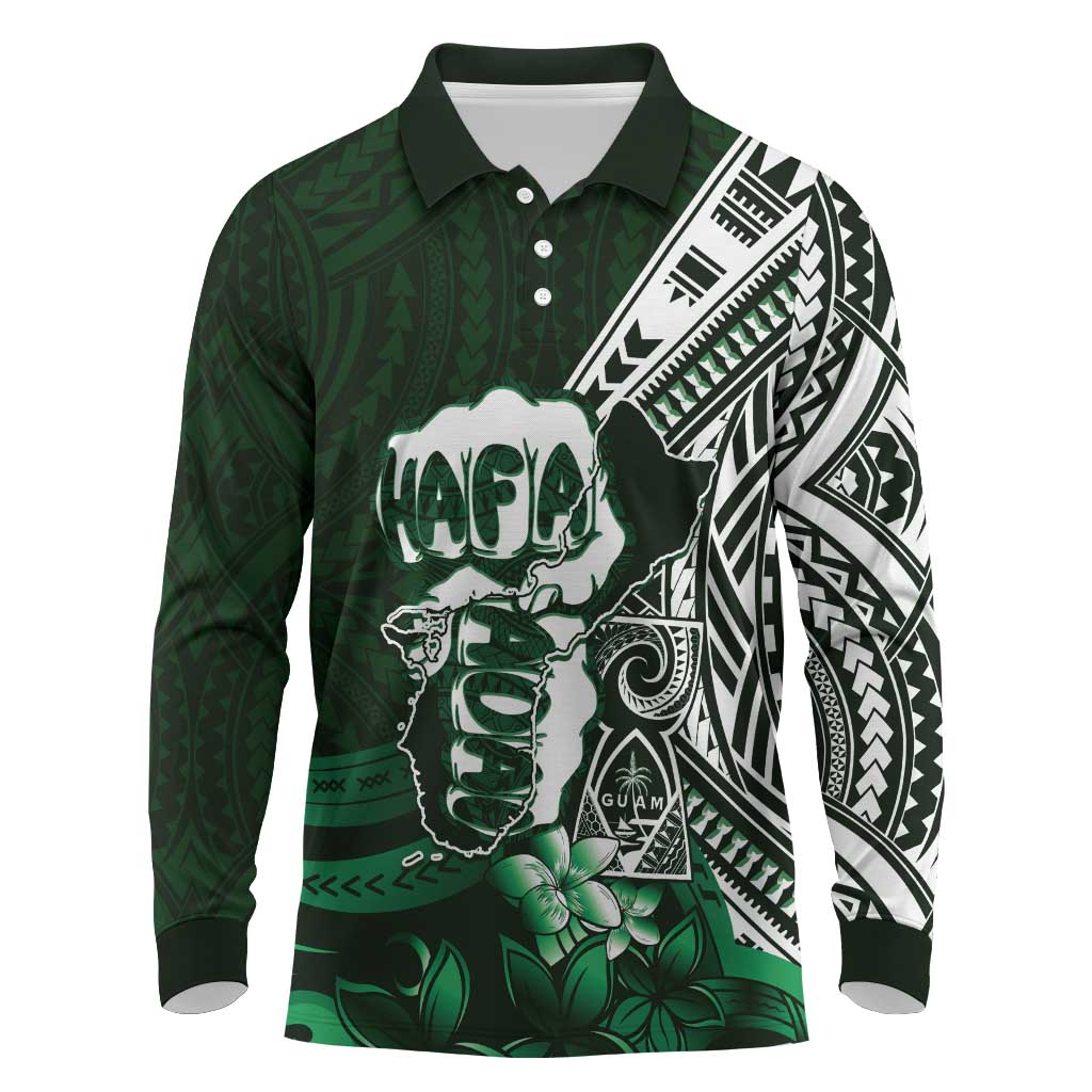 Hafa Adai Guam Discovery Day Long Sleeve Polo Shirt Chamorro Latte Stone Hand Green Version LT14 Green - Polynesian Pride