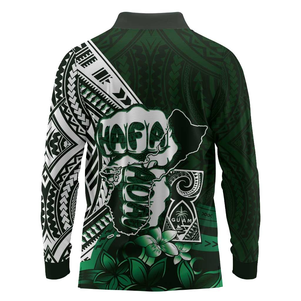 Hafa Adai Guam Discovery Day Long Sleeve Polo Shirt Chamorro Latte Stone Hand Green Version LT14 - Polynesian Pride