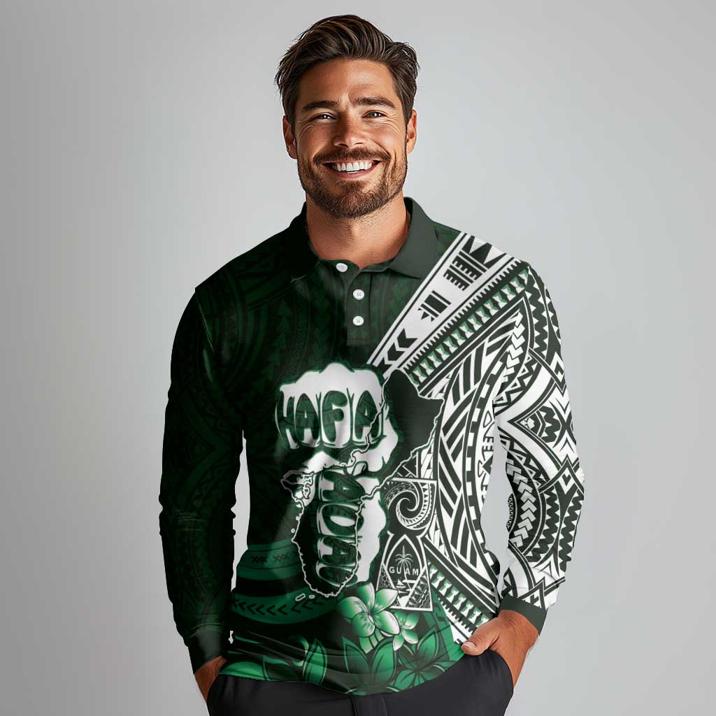 Hafa Adai Guam Discovery Day Long Sleeve Polo Shirt Chamorro Latte Stone Hand Green Version LT14 - Polynesian Pride