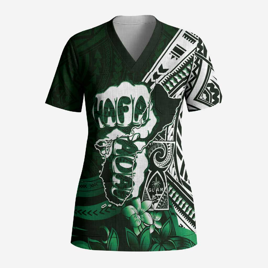 Hafa Adai Guam Discovery Day Scrub Top Chamorro Latte Stone Hand Green Version