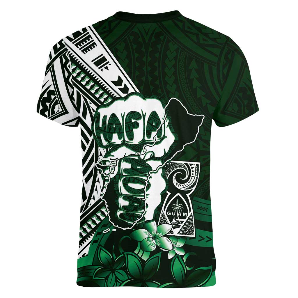 Hafa Adai Guam Discovery Day Women V-Neck T-Shirt Chamorro Latte Stone Hand Green Version