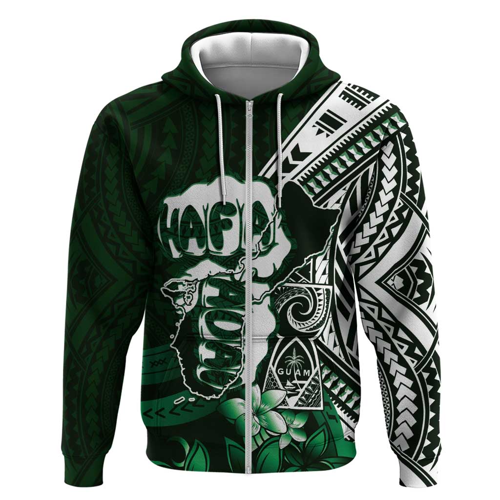 Hafa Adai Guam Discovery Day Zip Hoodie Chamorro Latte Stone Hand Green Version