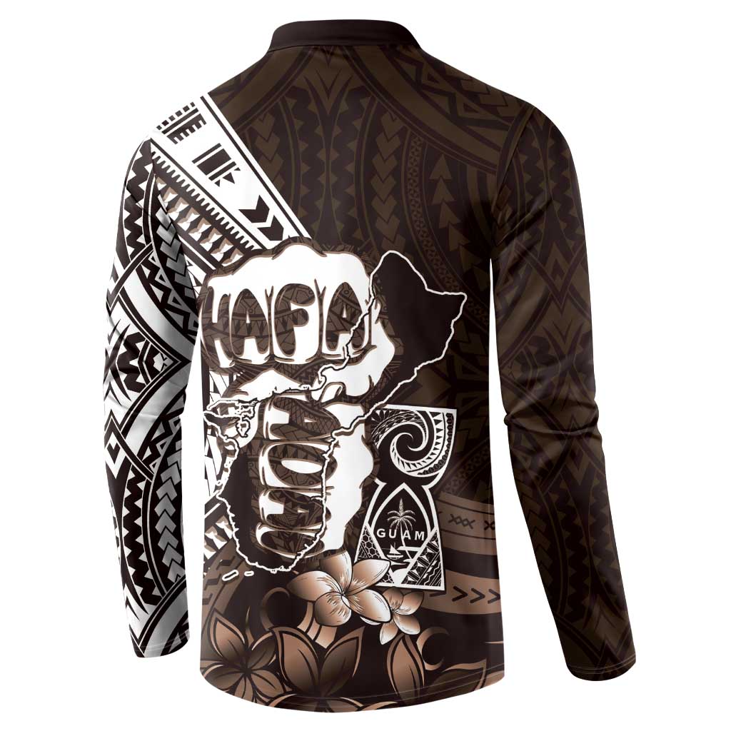 Hafa Adai Guam Discovery Day Button Sweatshirt Chamorro Latte Stone Hand Brown Version