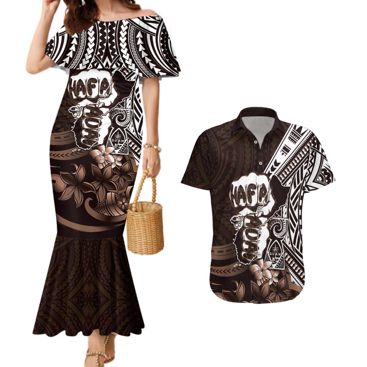 Hafa Adai Guam Discovery Day Couples Matching Mermaid Dress and Hawaiian Shirt Chamorro Latte Stone Hand Brown Version