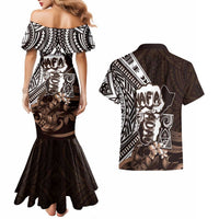 Hafa Adai Guam Discovery Day Couples Matching Mermaid Dress and Hawaiian Shirt Chamorro Latte Stone Hand Brown Version