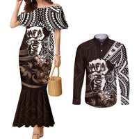 Hafa Adai Guam Discovery Day Couples Matching Mermaid Dress and Long Sleeve Button Shirt Chamorro Latte Stone Hand Brown Version