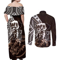 Hafa Adai Guam Discovery Day Couples Matching Off Shoulder Maxi Dress and Long Sleeve Button Shirt Chamorro Latte Stone Hand Brown Version