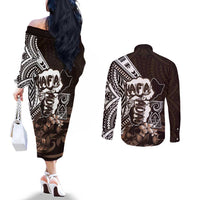 Hafa Adai Guam Discovery Day Couples Matching Off The Shoulder Long Sleeve Dress and Long Sleeve Button Shirt Chamorro Latte Stone Hand Brown Version