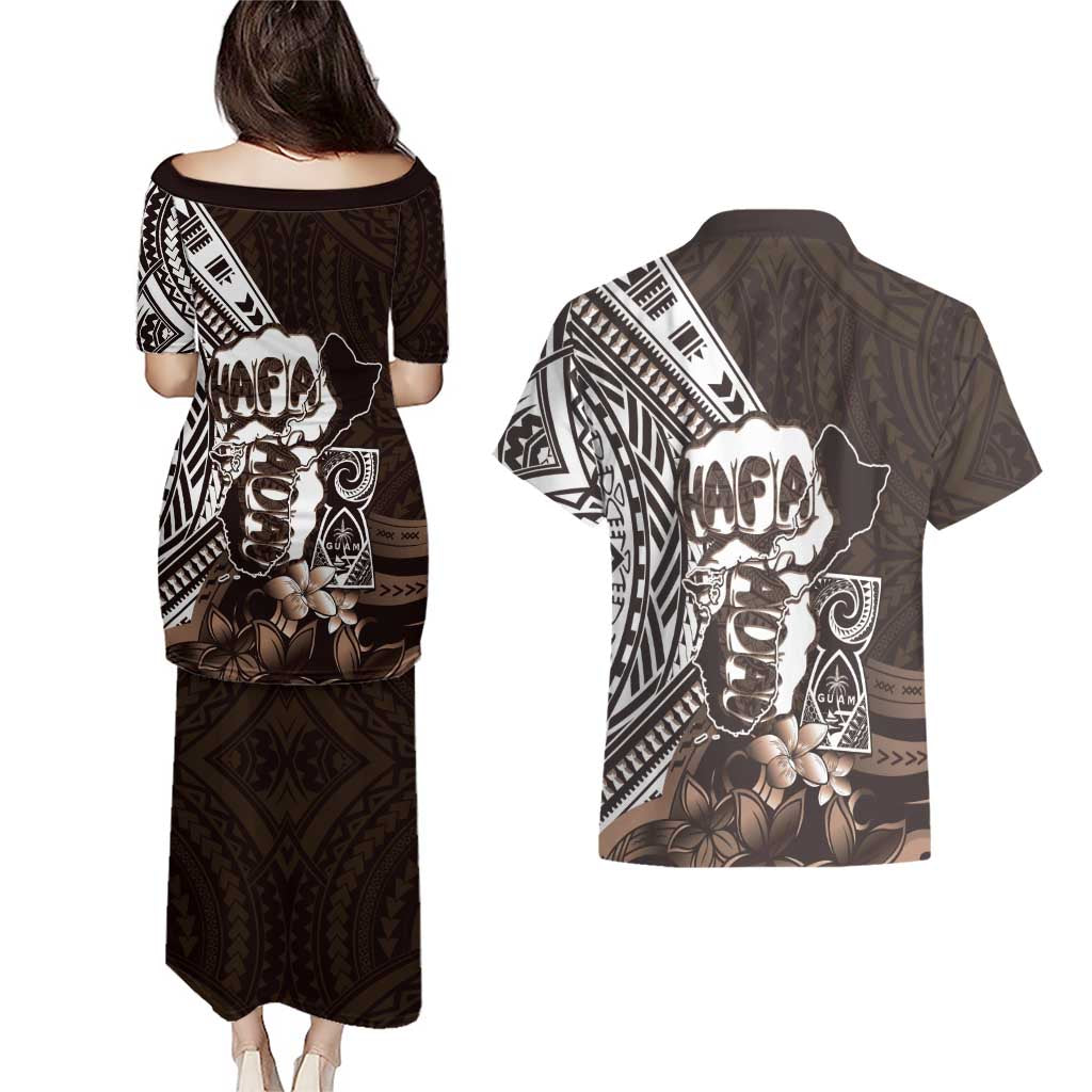 Hafa Adai Guam Discovery Day Couples Matching Puletasi and Hawaiian Shirt Chamorro Latte Stone Hand Brown Version LT14 - Polynesian Pride